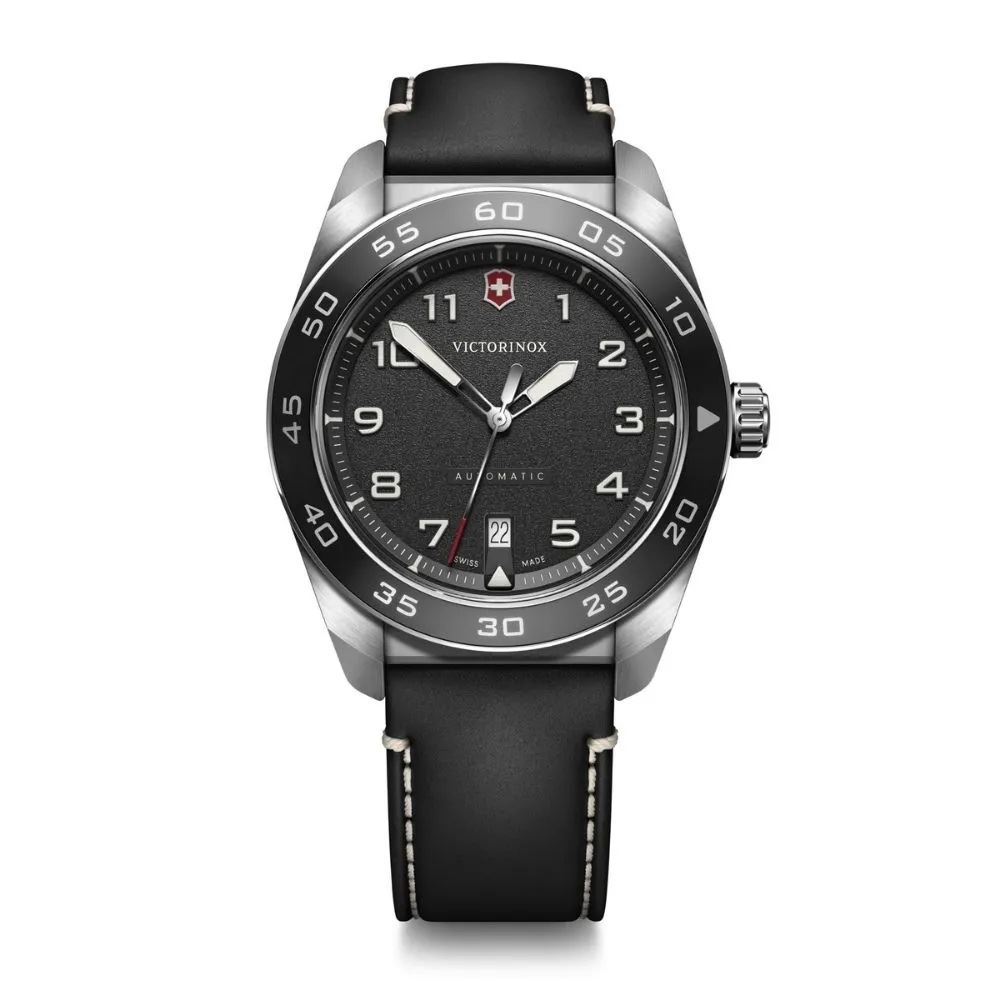 Reloj Swiss Army Automatic, correa de cuero negra, dial negro, Victorinox